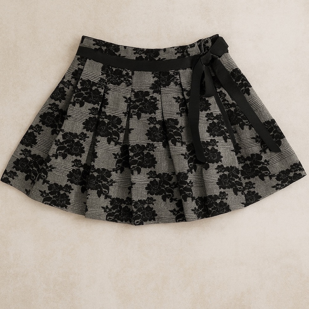 Pleated lace check ribbon skirt
